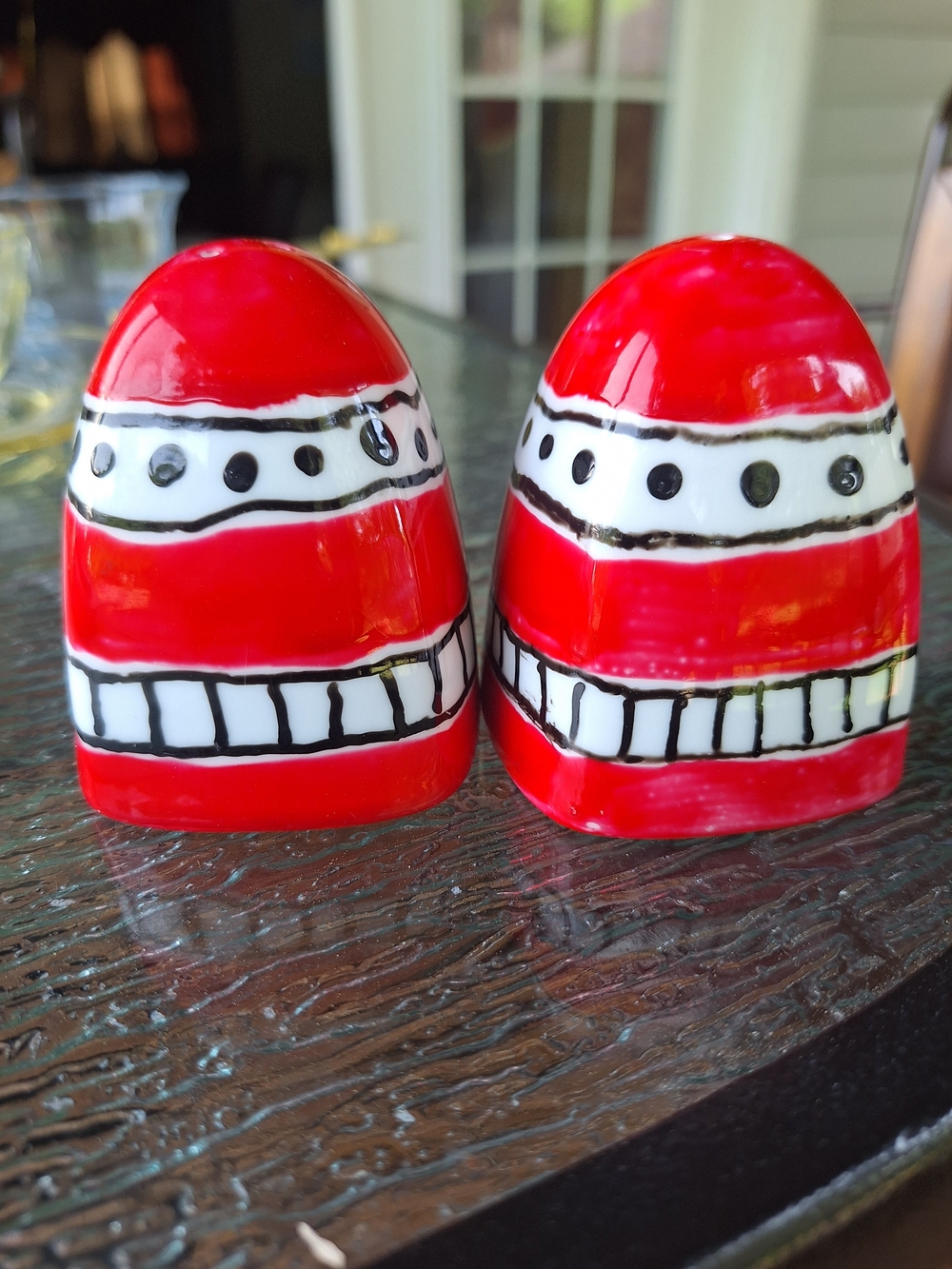 Pier1 Red Ceramic Salt and Pepper Shakers with White and Black Pattern.1 Stopper
